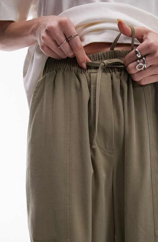 Shop Topshop Wide Leg Drawstring Pants In Khaki Green
