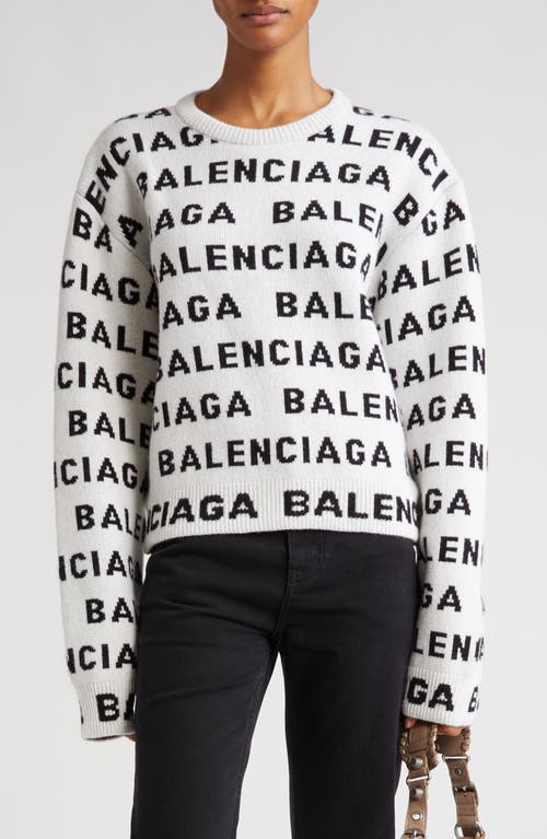 Shop Balenciaga Allover Logo Crop Wool Blend Sweater In White/black