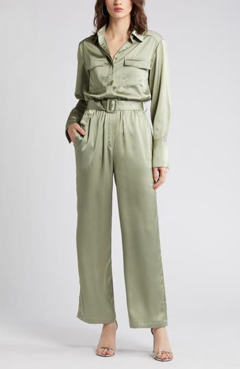NEW Good American 3 Long Sleeve Belted Button Front Utility Jumpsuit Cream