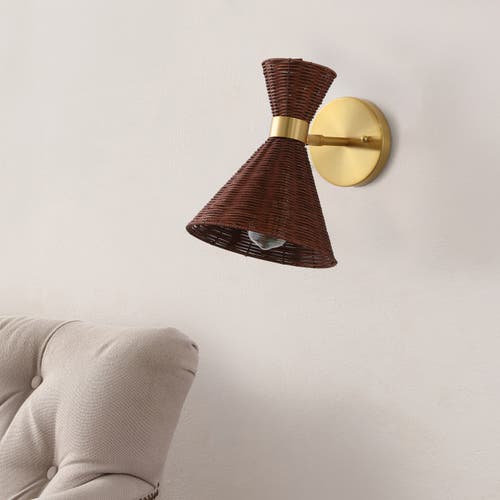 Jonathan Y Zoey 1-light Mid-century Vintage Retro Rattan/metal Led Sconce With Adjustable Shade In Brass Gold/dark Brown