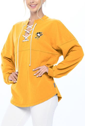 Women's Fanatics Branded Gold Pittsburgh Penguins Spirit Lace-Up V-Neck  Long Sleeve Jersey T-Shirt