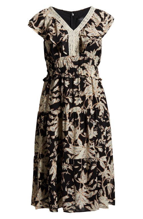 Tahari Asl Foliage Print Cap Sleeve Midi Dress In Black Natural