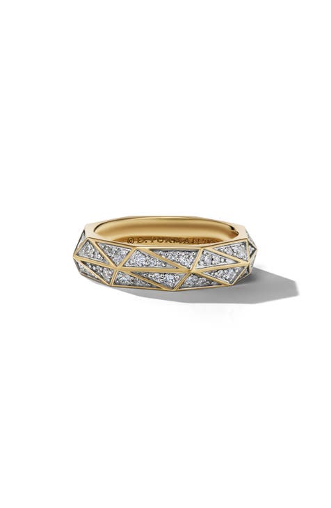 Men's Torqued Faceted Band Ring in 18K Yellow Gold with Pavé Diamonds