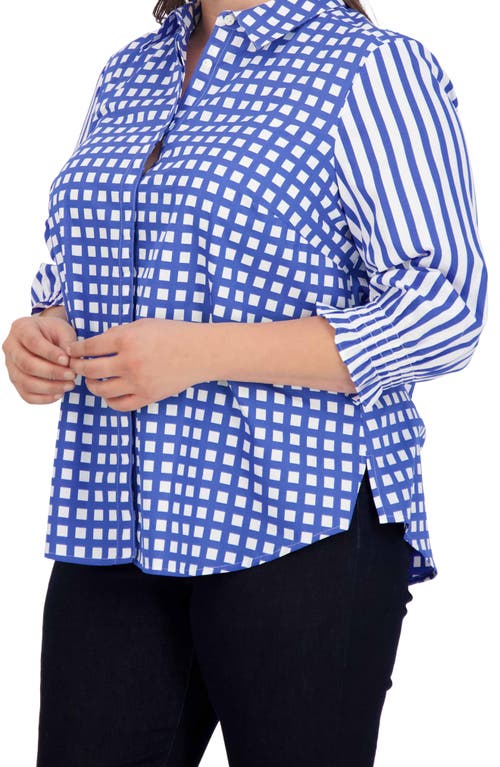 Foxcroft Olivia Gingham Stripe Ruffle Sleeve Button-up Shirt In Blue