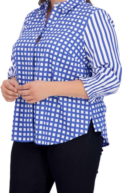 Shop Foxcroft Olivia Gingham Stripe Ruffle Sleeve Button-up Shirt In Blue/white