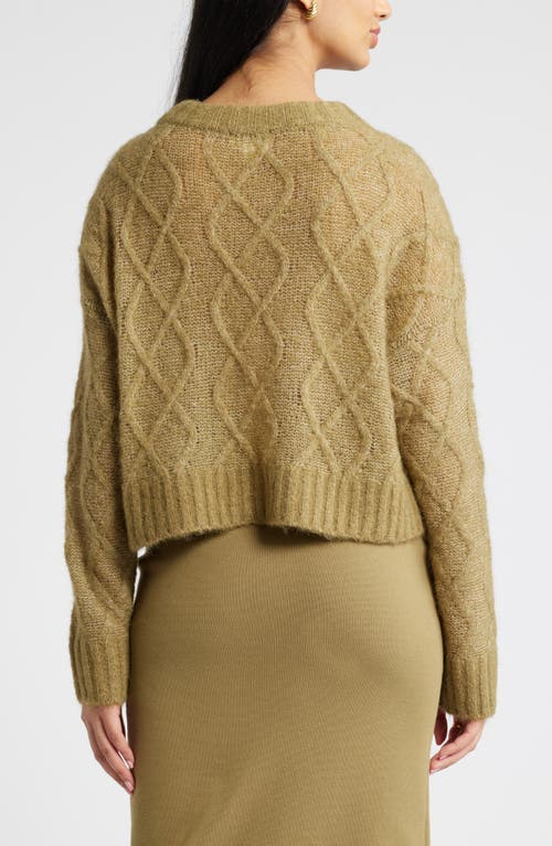 Shop Open Edit Airy Crop Cable Sweater In Olive Brine