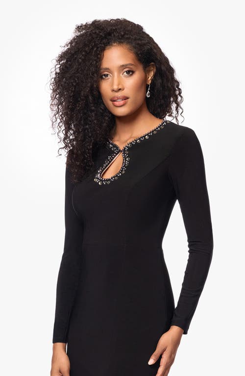 Xscape Evenings Beaded Keyhole Neck Long Sleeve Body-con Gown In Black/nude/silver
