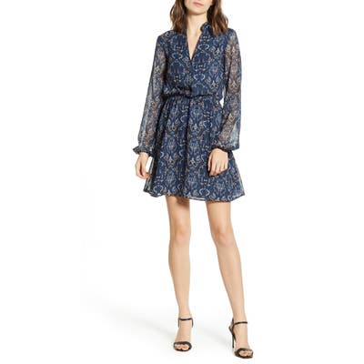 Cupcakes And Cashmere The Rocky Paisley Chiffon Long Sleeve Minidress, Blue