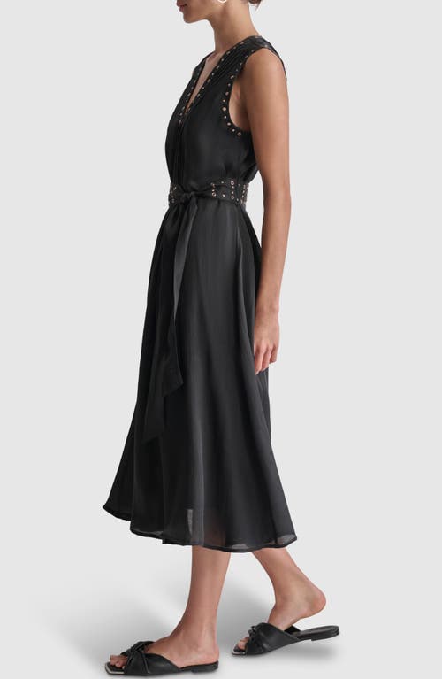 Shop Dkny Grommet Tie Belt Sleeveless Organza Midi Dress In Black