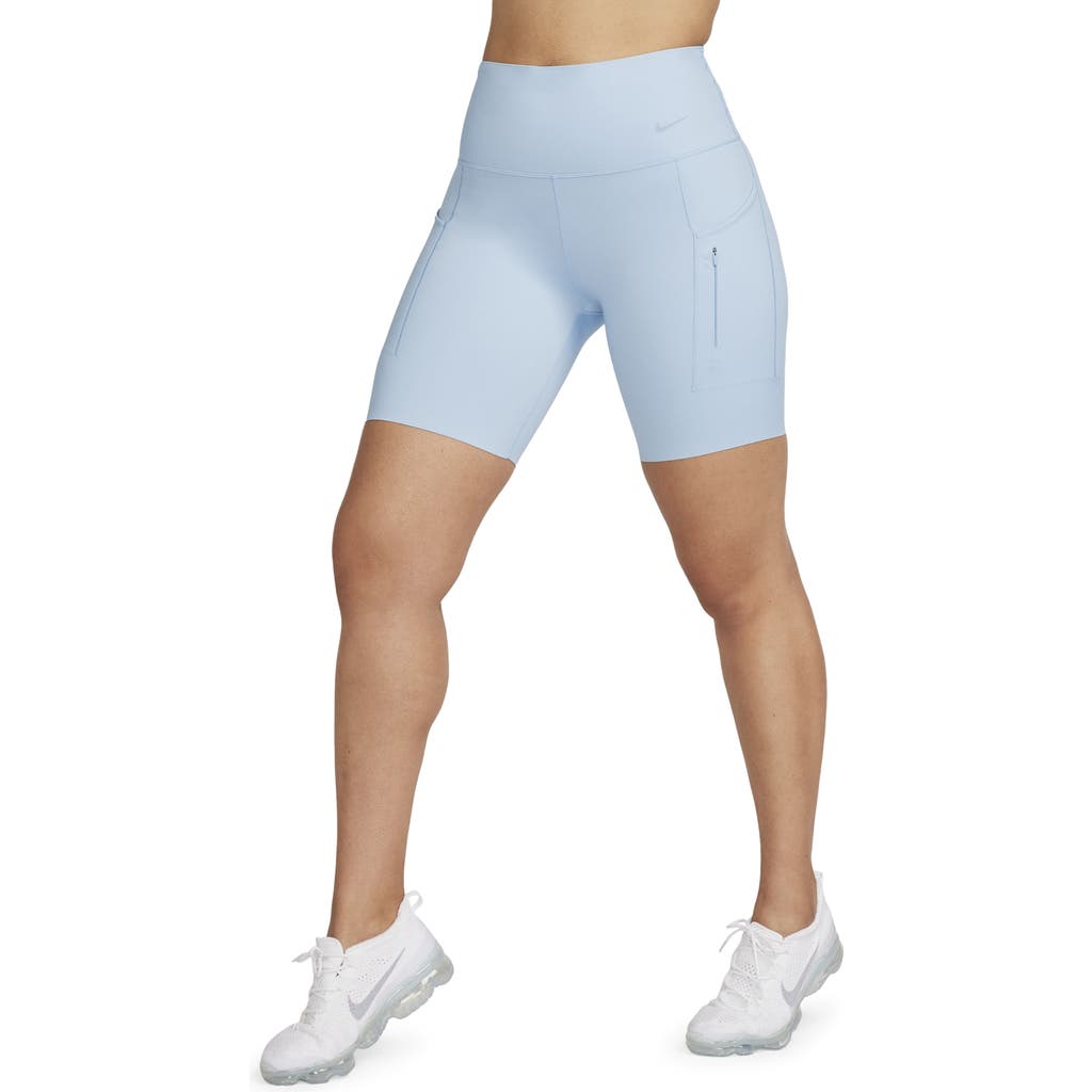 Nike Dri-fit Firm Support High Waist Biker Shorts In Light Armory Blue/black