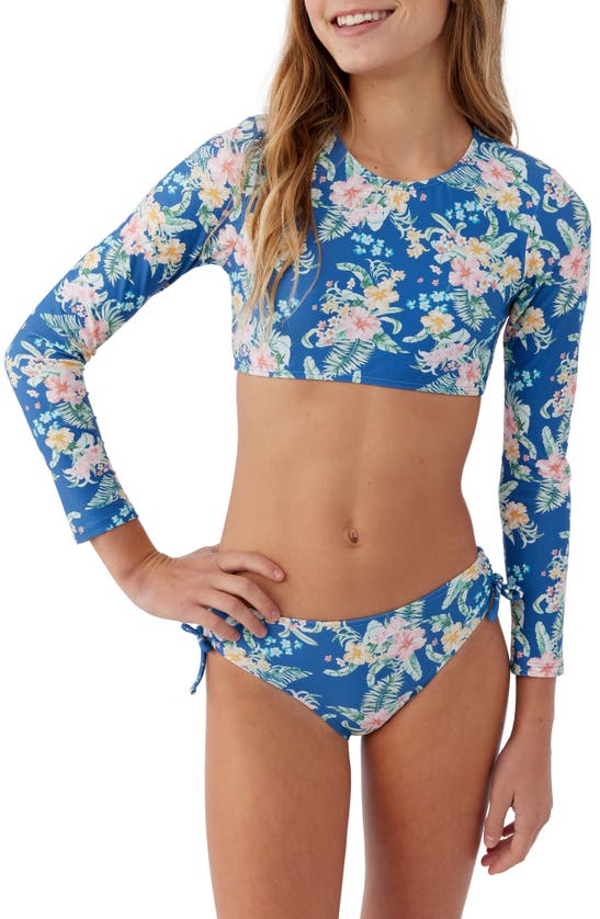 O'neill Kids' Tulum Tropical Long Sleeve Two-piece Swimsuit In Classic Blue