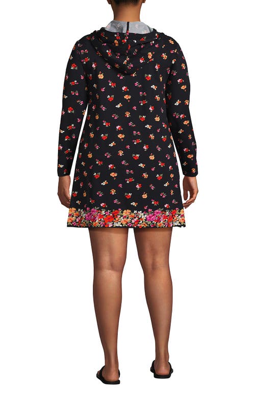 Lands' End Cotton Jersey Long Sleeve Hooded Swim Cover-up Dress In Black Meadow Floral Border