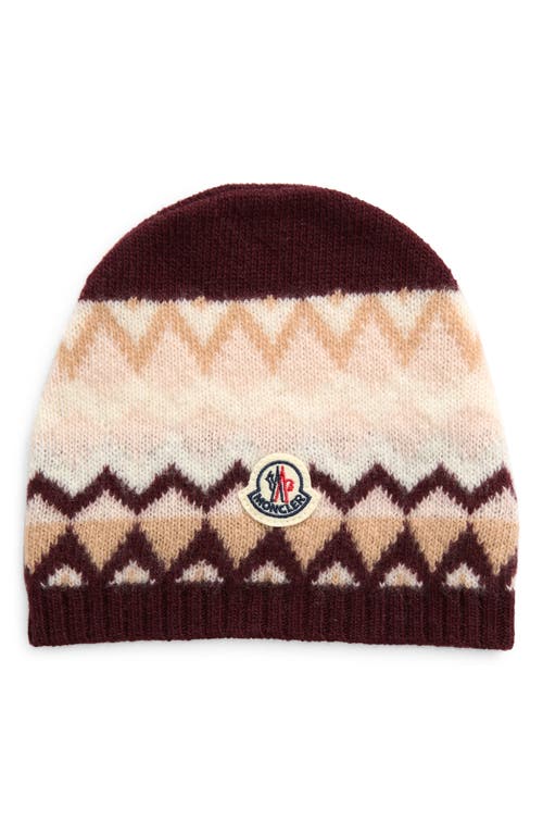 Moncler Kids' Logo Patch Zigzag Jacquard Virgin Wool Beanie In White/burgundy