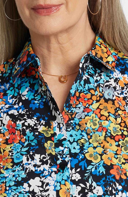 Foxcroft Margie Floral Three-quarter Sleeve Cotton Button-up Shirt In Blue Multi