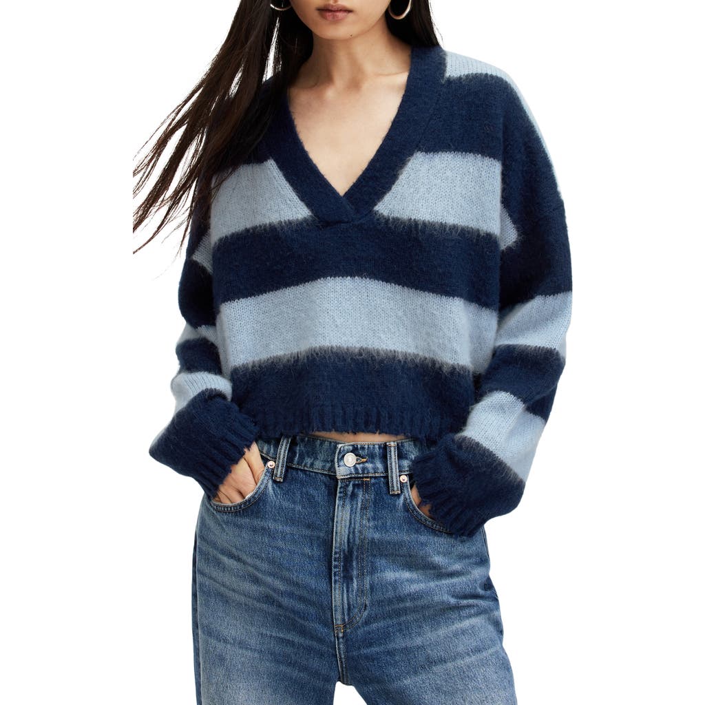 Allsaints Lou Stripe Crop Sweater In Indigo/pale Blue
