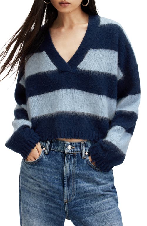 AllSaints Lou Stripe Crop Sweater Indigo/Pale Blue at Nordstrom,