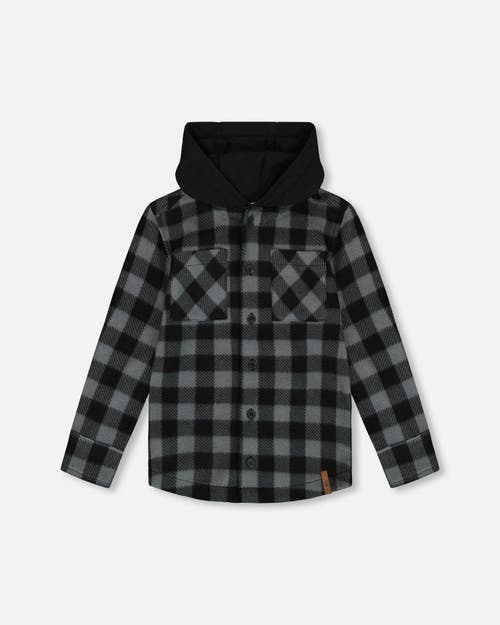 Shop Deux Par Deux Little Boy's Polar Fleece Shirt With Hood Black Plaid In Plaid Grey & Black