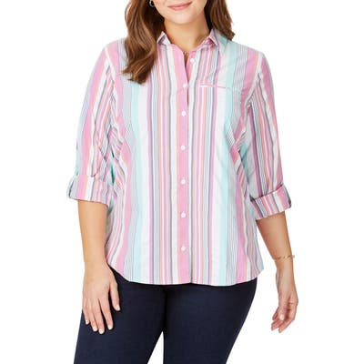 Plus Size Foxcroft Reese Stripe Seersucker Upf Wrinkle Free Shirt, White