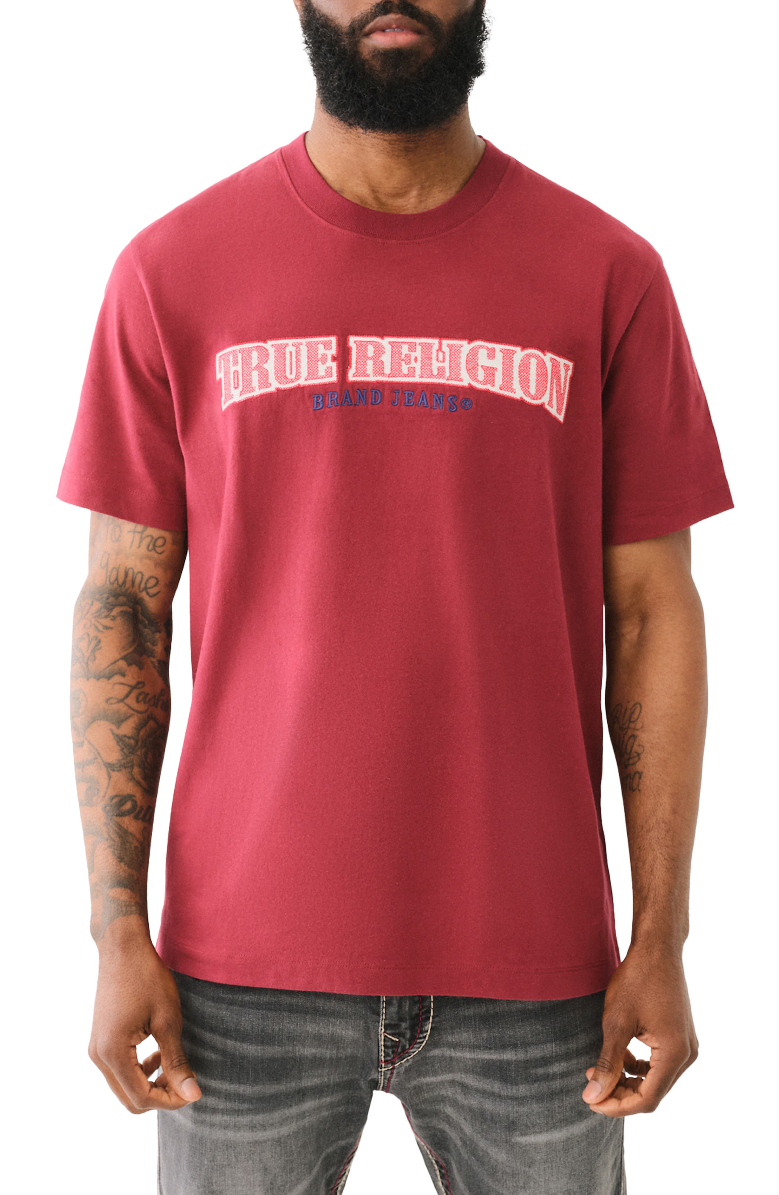 True Religion Brand Jeans Cross Stitch Logo Patch T-Shirt in Cabernet 