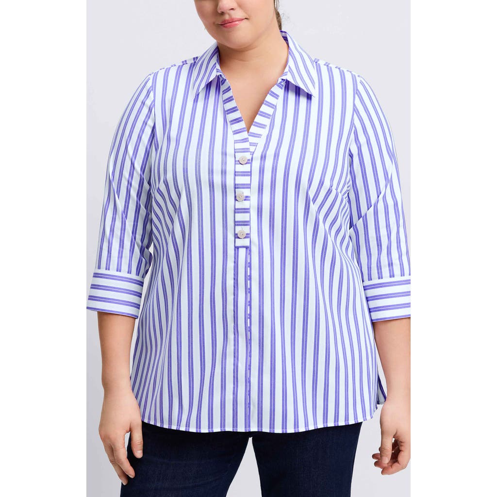 Foxcroft Pamela Stripe Cotton Blend Tunic Shirt In Lapis/white