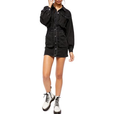 Free People Bo Long Sleeve Denim Utility Minidress, Black