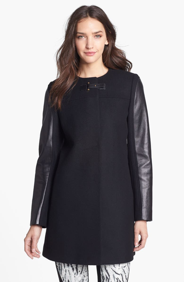 French Connection Collarless Leather Sleeve Coat | Nordstrom