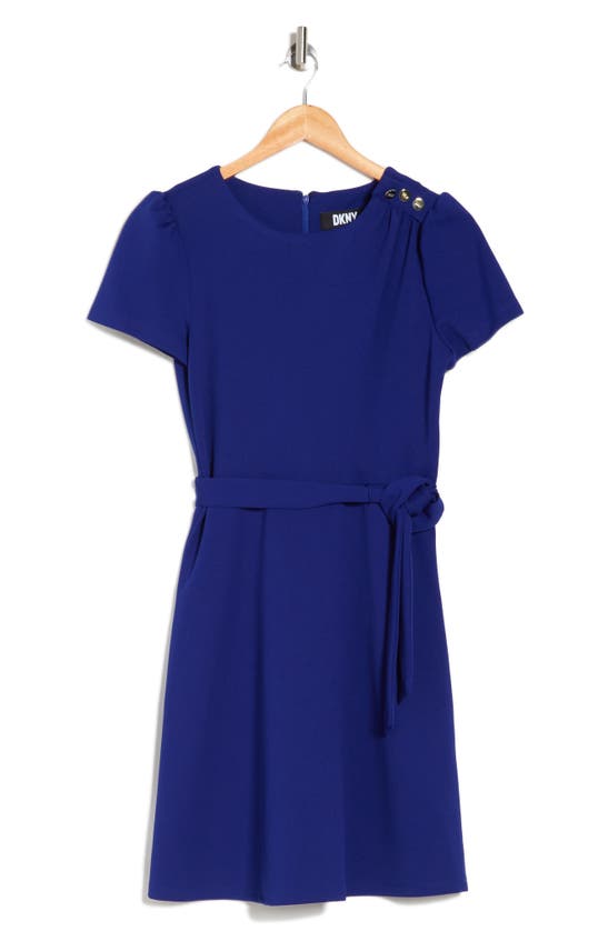 Shop Dkny Short Sleeve Belted Fit & Flare Dress In Berry Blue