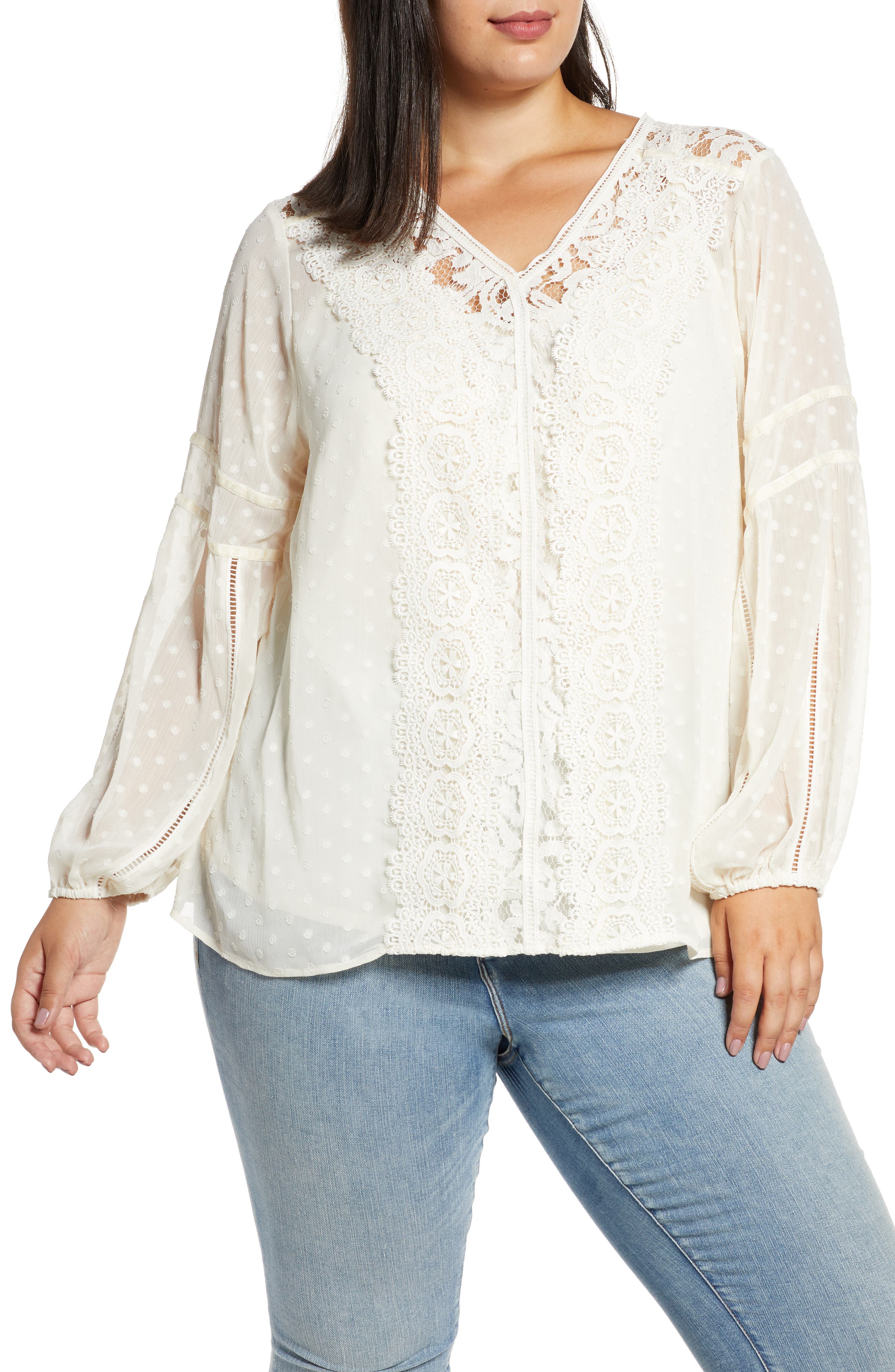 Single Thread Long Sleeve Lace Swiss Dot Blouse (Plus Size) Nordstrom