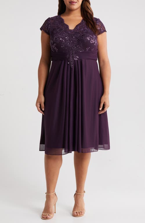 Alex Evenings Metallic Lace Empire Waist Dress Eggplant at Nordstrom,