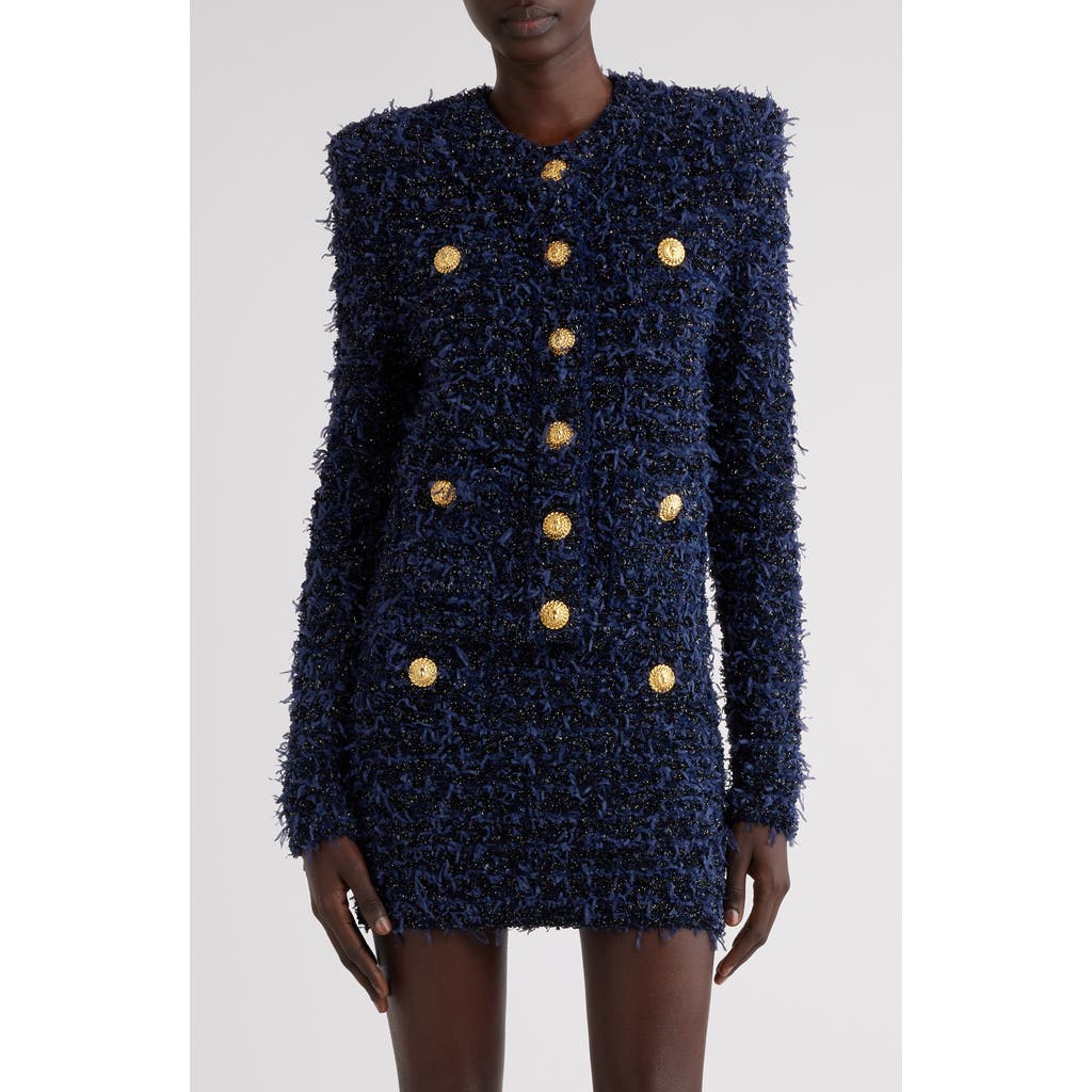 Balmain Blue Collarless Jacket With Gold Buttons