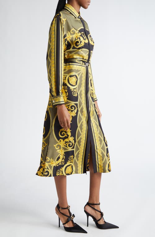 Shop Versace Barocco Print Long Sleeve Silk Satin Midi Shirtdress In Black Dark Olive Gold