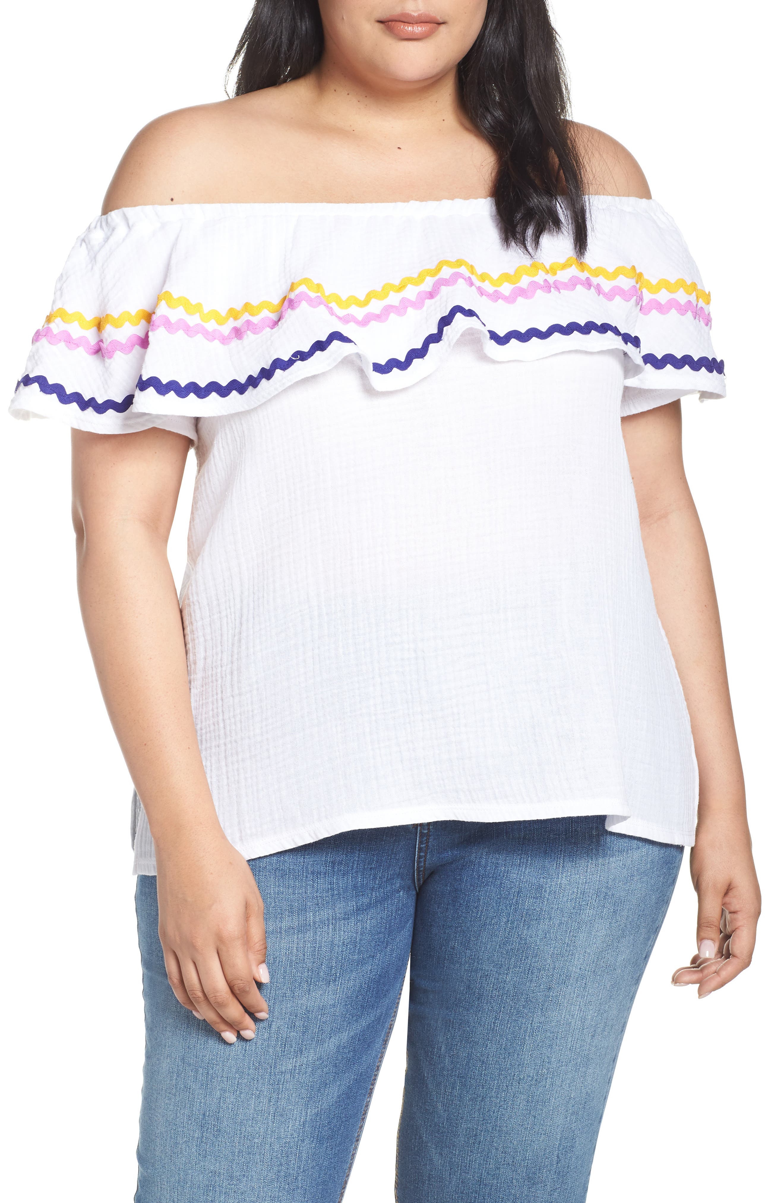 Plus Size Gibson X Hi Sugarplum! Santa Fe Rickrack Off The Shoulder Top, White (Plus Size) (Nordstrom Exclusive)