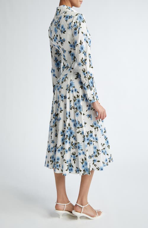 Shop Emilia Wickstead Jancine Dahlia Print Clip Dot Long Sleeve Seersucker Dress In Small Dahlia Baby Blue