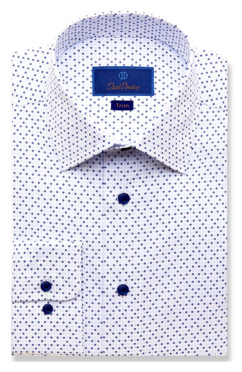 David Donahue Trim Fit Geo Print Cotton Dress Shirt in White/Blue