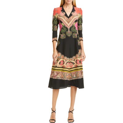 Etro Print Silk Fit & Flare Midi Dress, US / 42 IT - Black
