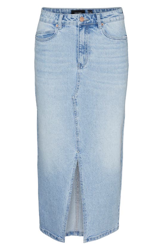 Shop Vero Moda Veri Slit Front Denim Midi Skirt In Light Blue Denim