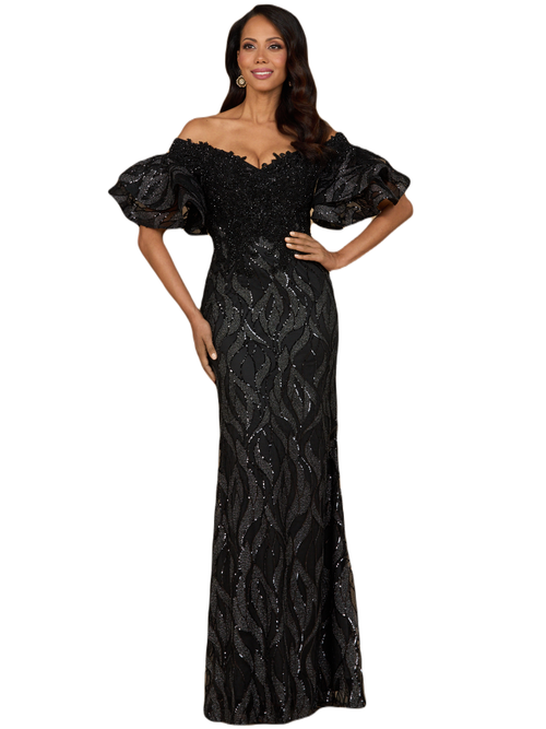 Shop Lara New York Off Shoulder Mermaid Beaded Gown With Tiered Sleeves In Black