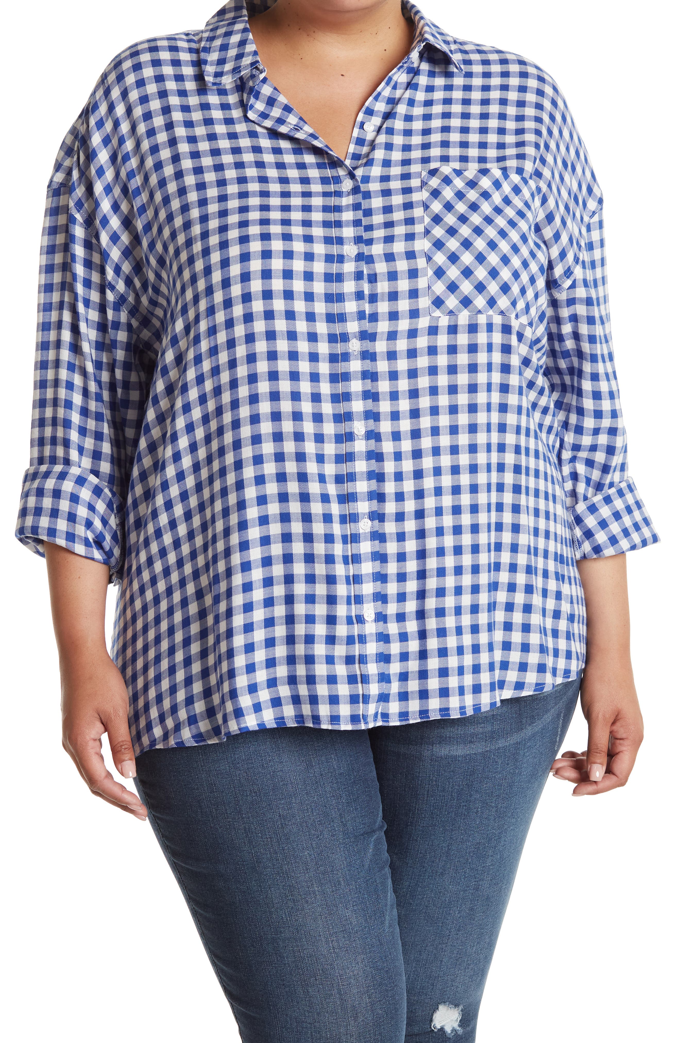 Abound Oversized Flannel Shirt In White- Blue Gingham