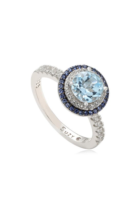 Suzy Levian Round Blue Topaz, Sapphire & White Topaz Double Halo Ring