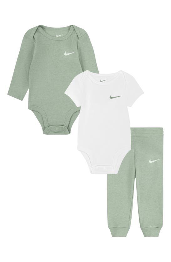 Shop Nike Solid 3-piece Bodysuits & Joggers Set In Mica Green Heather