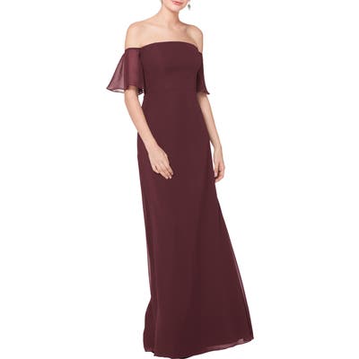 #levkoff Off The Shoulder Fluted Sleeve Chiffon Gown, Burgundy