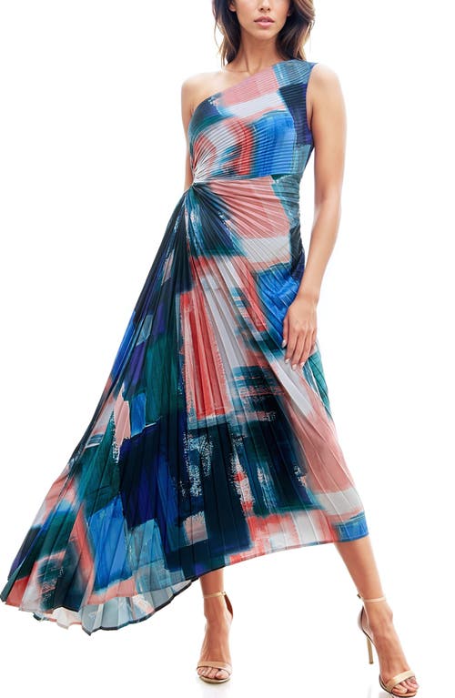 Shop Socialite Print Asymmetric Hem Pleated Maxi Dress In Navy Abstract Colorblock