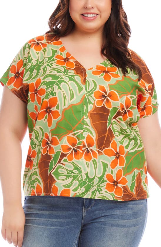 Shop Karen Kane Floral Print Dolman Sleeve Linen Blend Top In Green Print