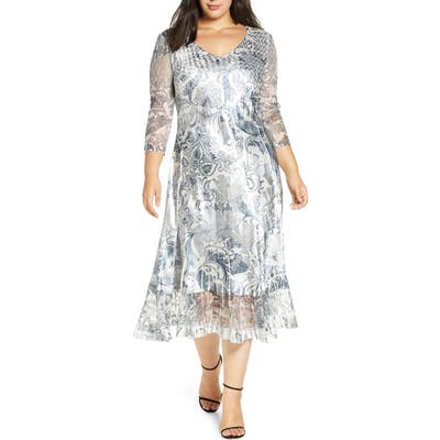 Plus Size Komarov Lace Sleeve Charmeuse Midi Dress, Grey