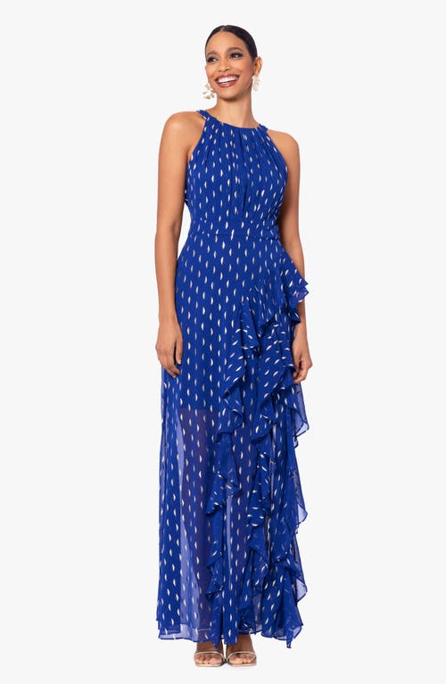 Shop Betsy & Adam Ruffle Metallic Chiffon Gown In Light Navy/gold