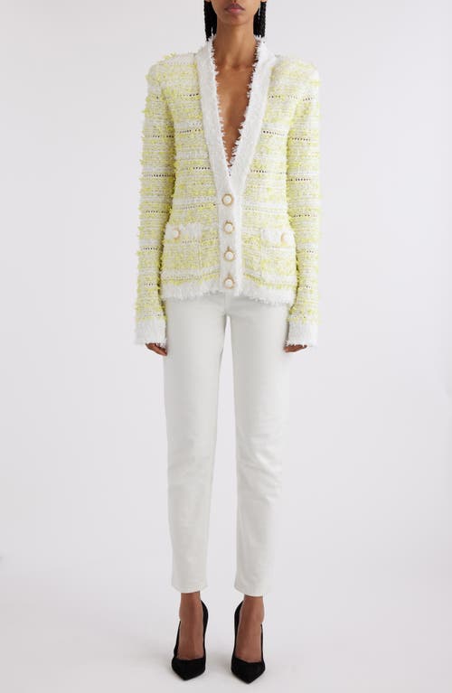 Shop Balmain Pointelle Bouclé Cardigan In Gtz White/yellow