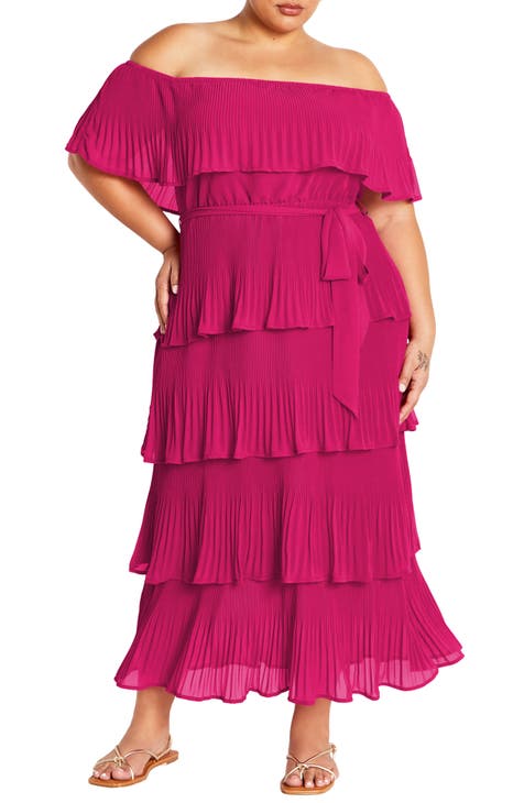 Night Garden Tiered Release Pleat Off the Shoulder Maxi Dress (Plus)