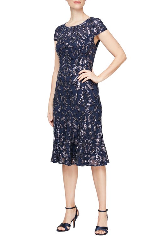 Alex Evenings Sequin Illusion Neck Cocktail Dress In Navy/pink