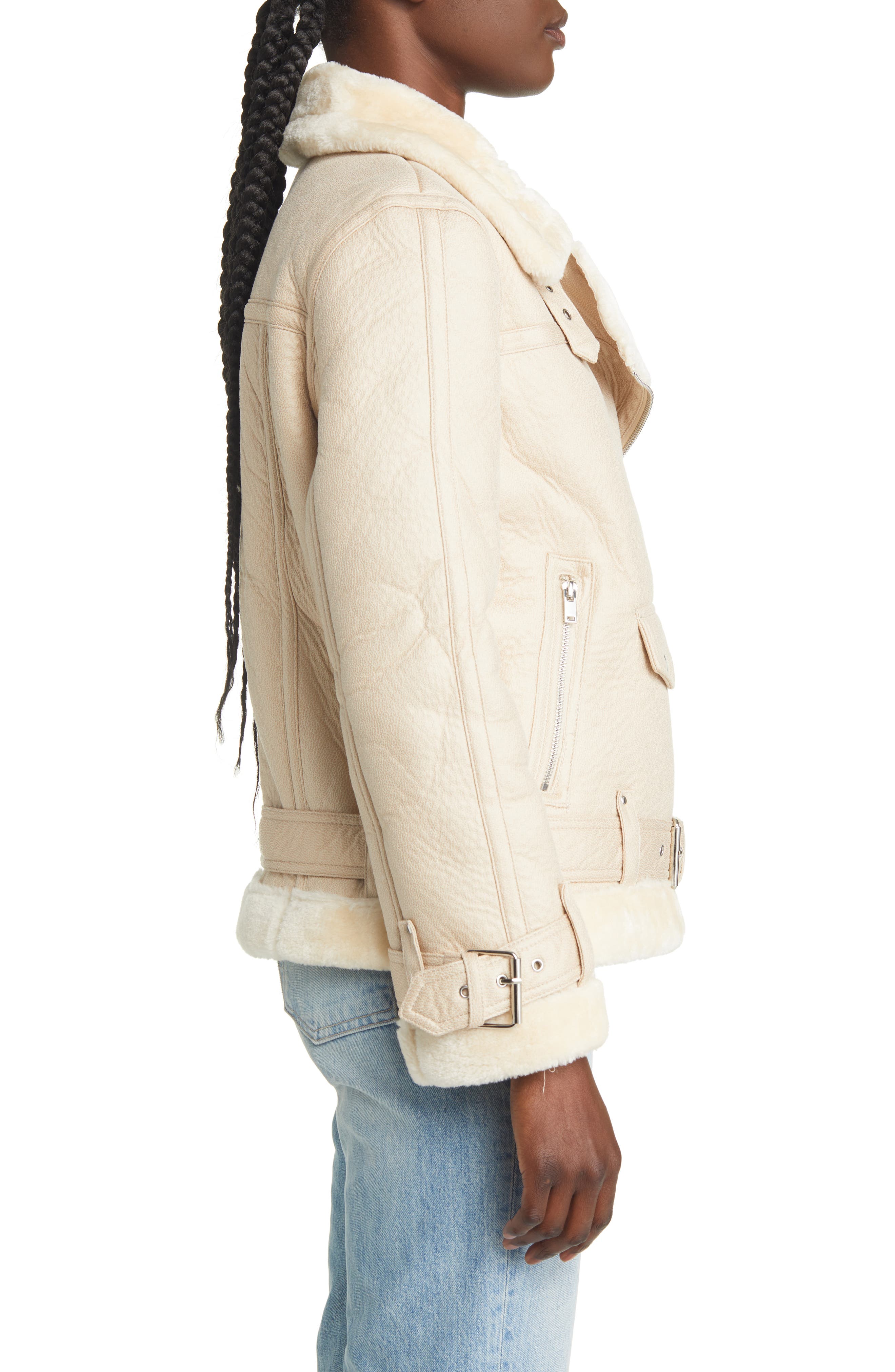 Topshop Faux Leather Shearling Aviator Biker Jacket in Off White