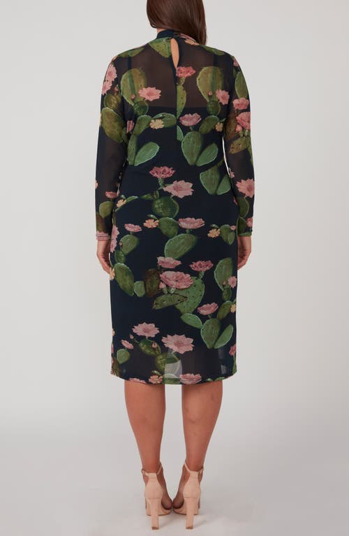 Estelle Mezzanine Cactus Print Long Sleeve Mesh Midi Dress In Navy Floral Print